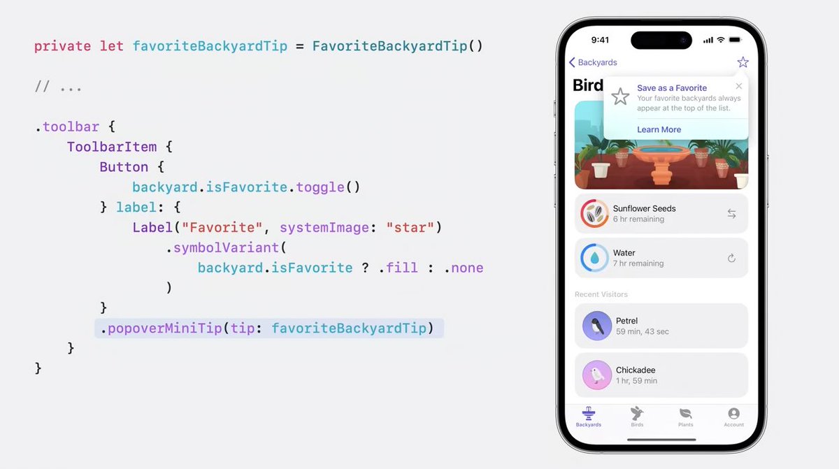 Wow! The new TipKit framework is really cool.
developer.apple.com/wwdc23/10229