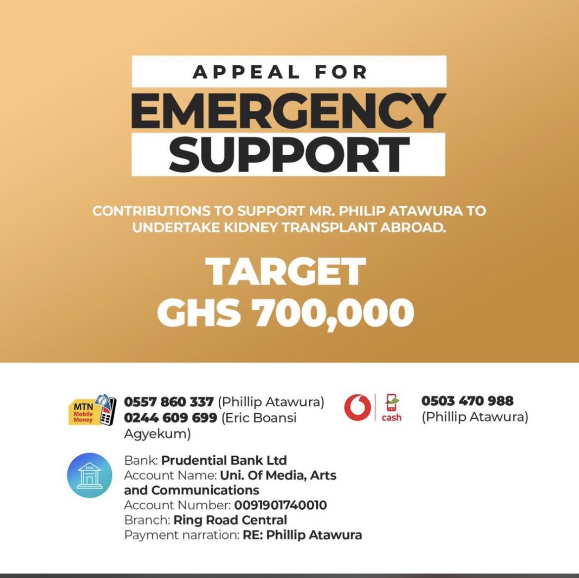 georgina_ntim's tweet photo. Everyone needs someone, and today we need YOU! 
Our lecturer, Atawura, urgently needs a kidney transplant. We humbly ask for your assistance in making this life-saving procedure possible.
Donate today to save a life. 

#HelpSaveALife
#hopeforphilipatawura
#savephilipatawuralife https://t.co/Z0RhmsD1WZ