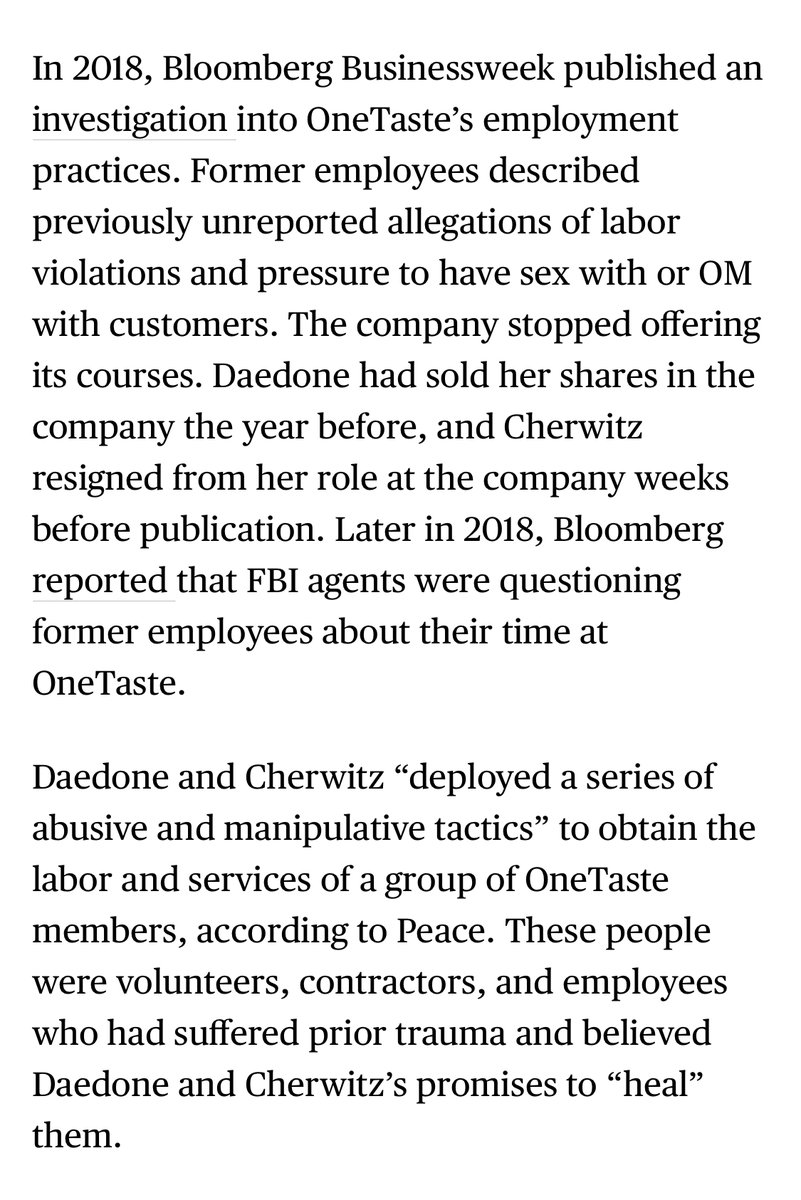 Huge news: In 2018, I published a @BW investigation into OneTaste, a sexual wellness company alleged to be a sex cult Today, federal prosecutors announced charges of forced labor against OneTaste founder Nicole Daedone & her deputy Rachel Cherwitz bloomberg.com/news/articles/…