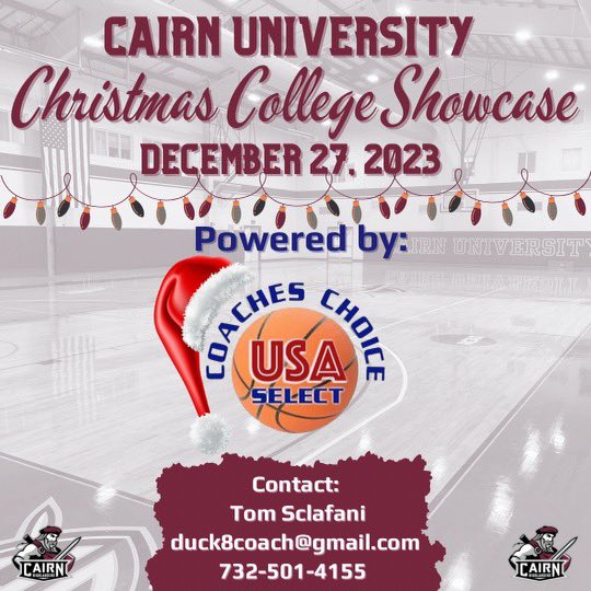 You’re invited!!!!!!! 

Coaches Choice USA will be running a Christmas College Showcase Dec 27 at Cairn University right outside of Philly! Any HS programs interested in playing call Tom Sclafani at 732-501-4155

We already have teams signed up! Don’t miss out! #sweatandserve
