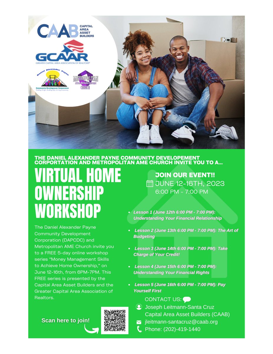 DAPCDC's tweet image. .@MetropolitanAME @WilliamHLamarIV and @DAPCDC invite you to attend a 5-day virtual #homeownership series presented by @CAAB_GreaterDC and @GCAARNow! Mon June 12-Friday June 16, 6pm to 7pm nightly! Register  below and share with your family and friends. events.r20.constantcontact.com/register/regfo…