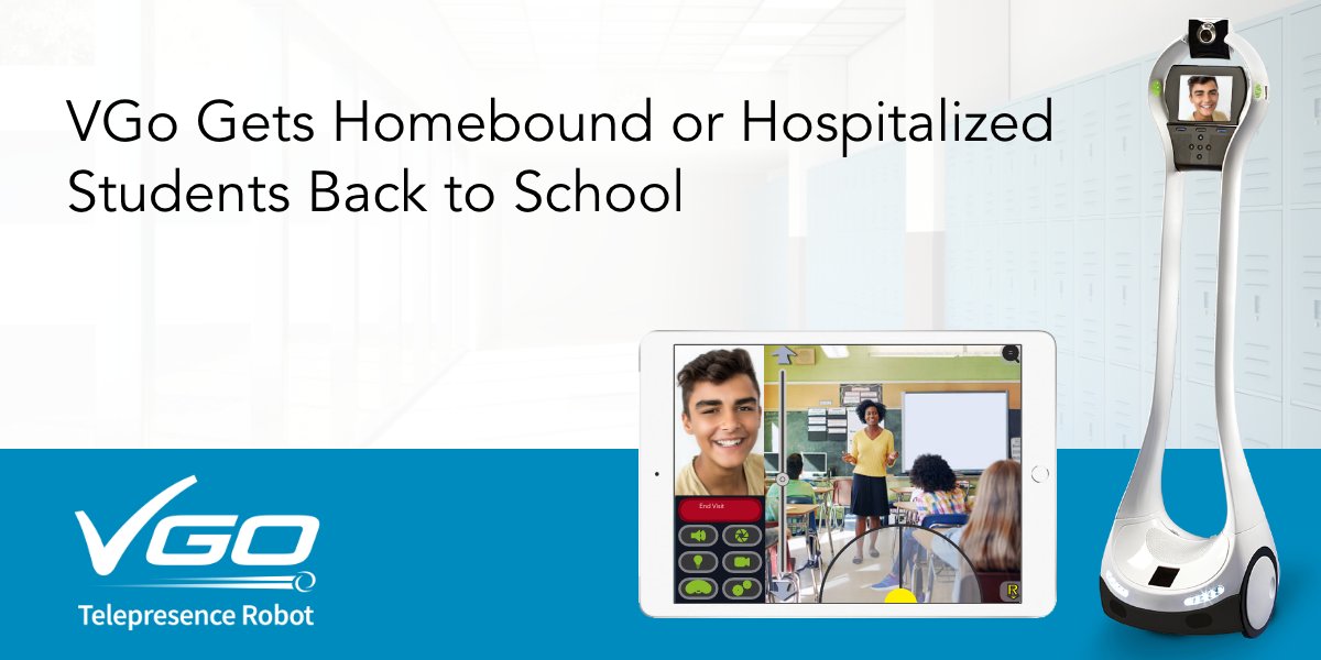 <a href="/VecnaInc/">Vecna</a>'s #VGo #Telepresence #Robot for Education enables students to have a physical presence at school and in the classroom while participating from their home or medical facility. Schedule a test drive today hubs.la/Q01SyYXc0
#VGoforEducation hubs.la/Q01SyY8D0
