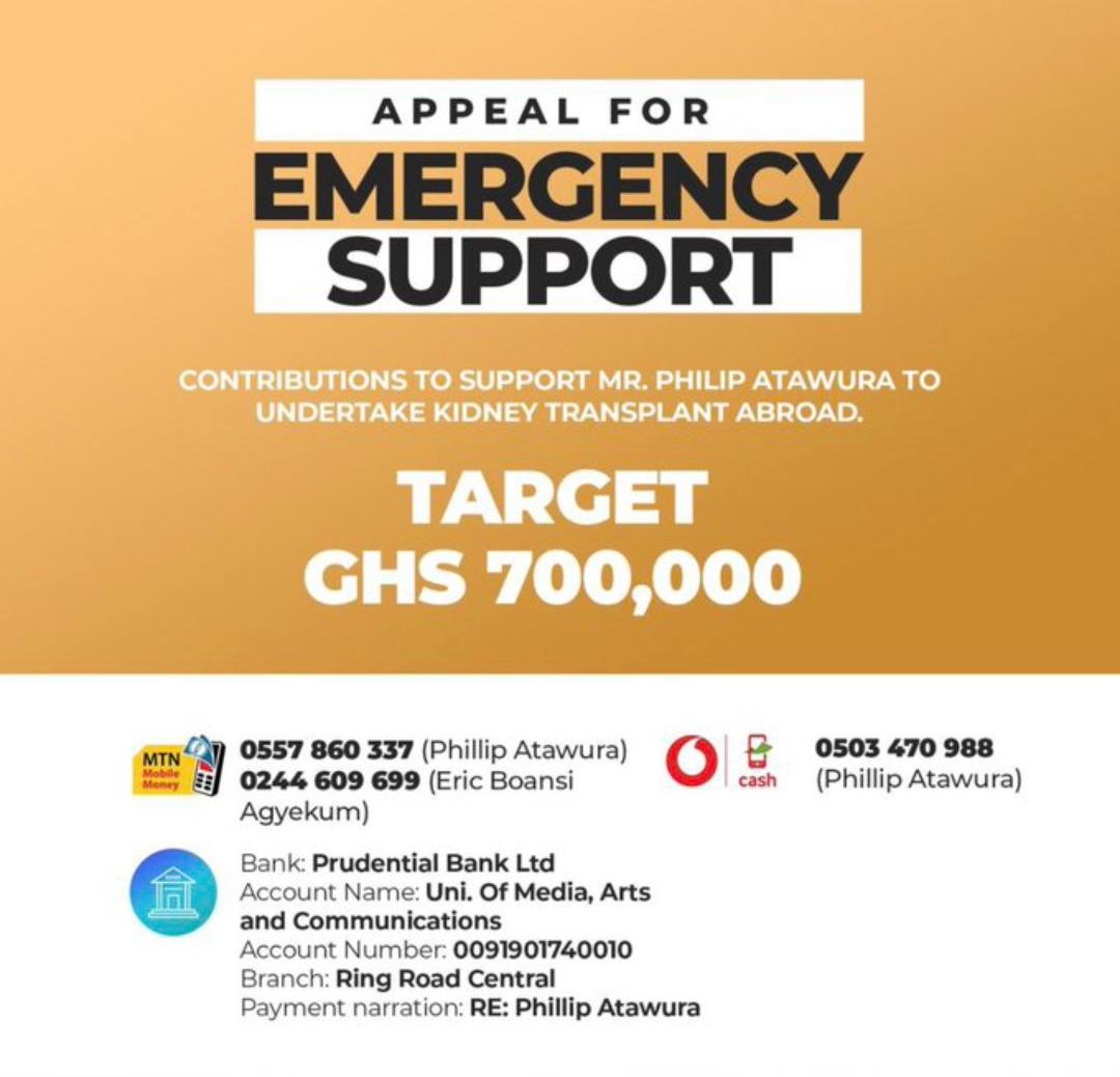 AdjeiDickens's tweet photo. Everyone needs someone, and today we need YOU! 
Our lecturer, Atawura, urgently needs a kidney transplant. We humbly ask for your assistance in making this life-saving procedure possible.
Donate today to save a life. 

#HelpSaveALife
#hopeforphilipatawura
#savephilipatawuralife https://t.co/PnWqYVVTgW