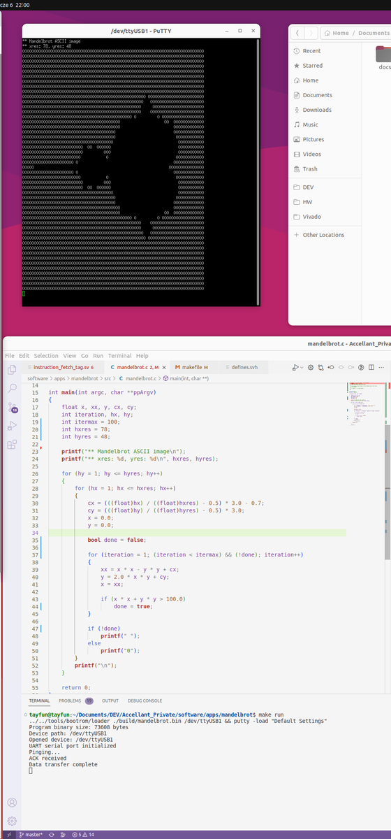 notCamelCase's tweet photo. Finally fixed a super annoying sporadic hang and a few other bugs to get good ol' Mandelbrot working \o/

The hang was due to double-fetch of some cache-lines when I$ miss occurred after a branch misprediction while fetching the same CL for the last miss.

https://t.co/nhJdP3dSvw https://t.co/zHXpHrumlY