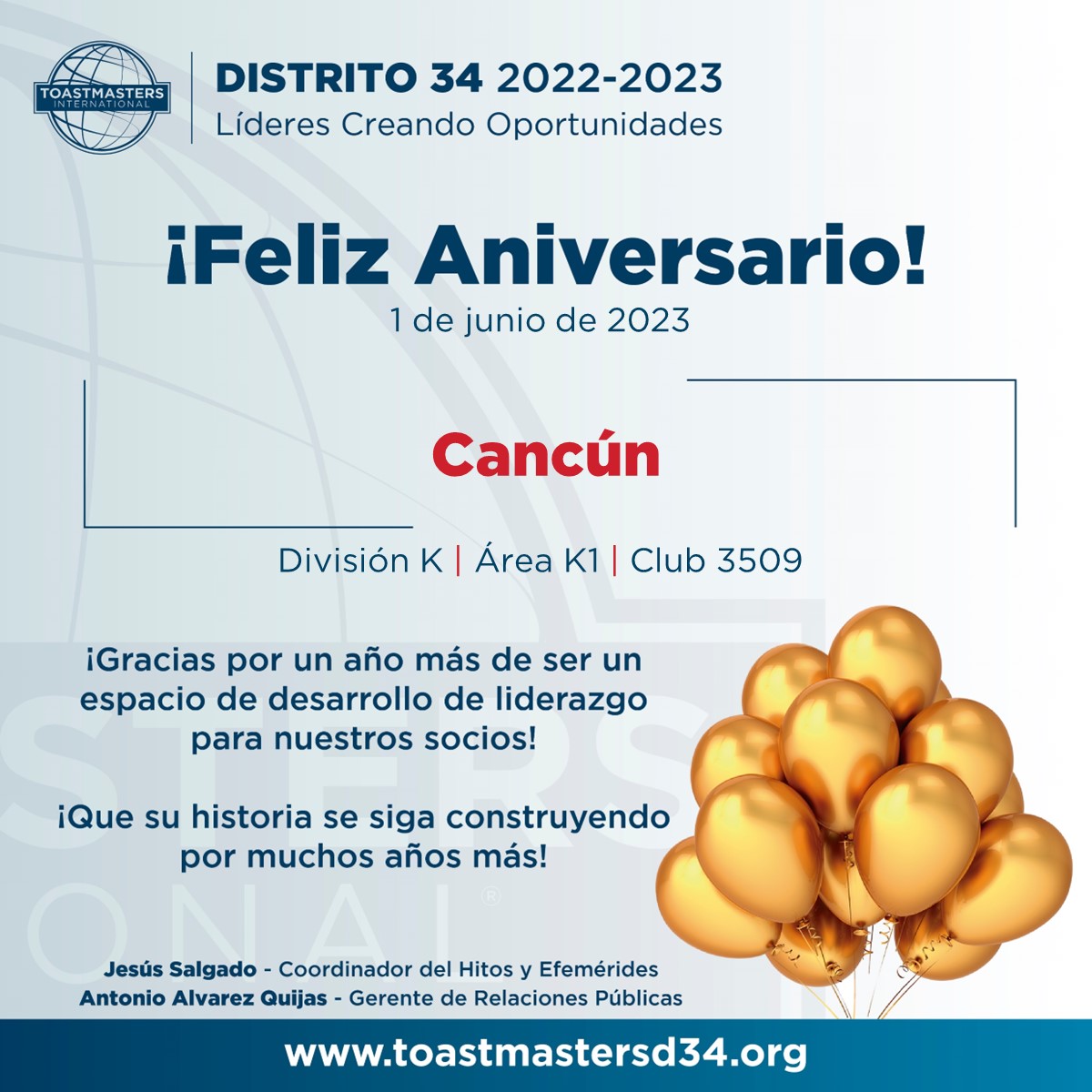 ToastmastersD34's tweet image. - Cancún - Área K1 - 1 de junio de 1999
- Líderes de México - Área J1 - 1 de junio de 2021

El #Distrito34 les desea que este sea un año lleno de éxito y que su historia se siga escribiendo por muchos años.

#ToastmastersMéxico
#LíderesCreandoOportunidades
#DondeSeHacenLosLíderes
