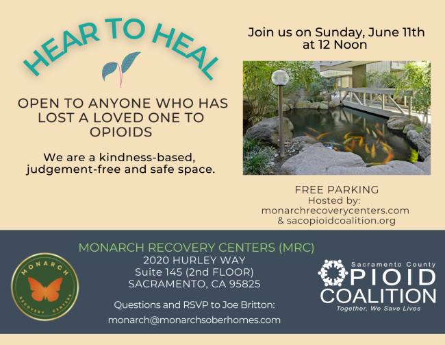 If you've lost a loved one to opioids and need a kind, judgment-free space to share your story, consider Hear to Heal on June 11 at noon, hosted by @MonarchSober and the @sacopioidco For more information: tinyurl.com/H2HJun23