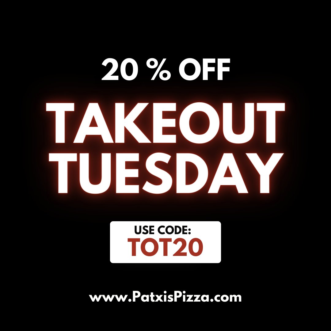 Indulge in a tasty meal wherever you are! With Patxi's Porter Ranch, we've got you covered with our delicious takeout options! 😍🍕 And here's a sweet deal - use the code TOT20 on our website to enjoy a fabulous 20% OFF on your entire order!  #TAKEOUTTUESDAY