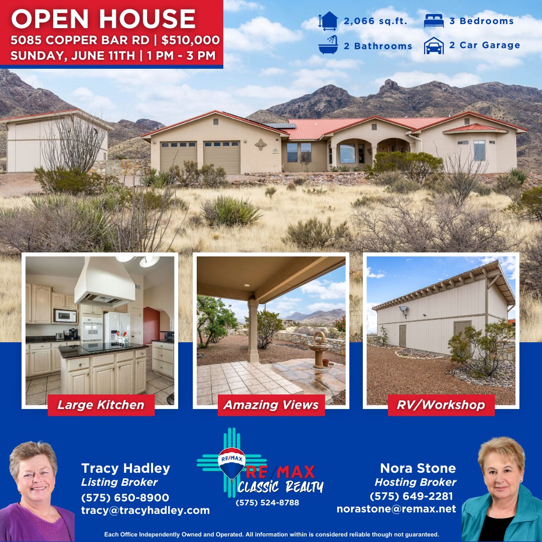 🏠🎈 OPEN HOUSE 🎈🏠
5085 Copper Bar Rd | $510,000
Sunday, June 11th | 1 pm - 3 pm

Hosted by Nora Stone (575) 649-2281 📲

Listed by Tracy Hadley (575) 650-8900
RE/MAX Classic Realty (575) 524-8788
#openhouse #lascrucesnm #desertliving #deserthome #desertlife #remaxclassicrealty