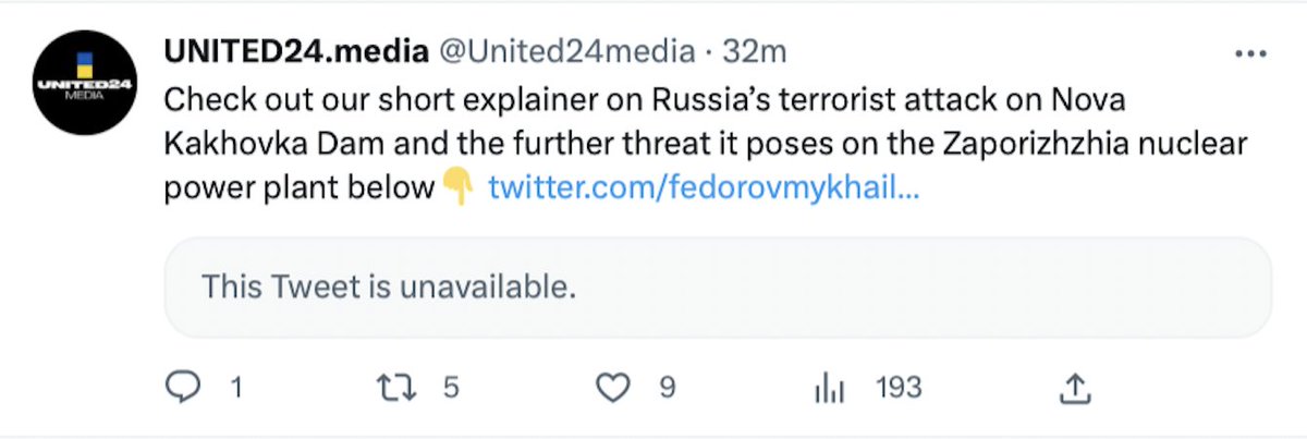 Dear @Twitter, why are you marking most of our videos about the destruction of the Khakhovka dam by the Russians as 'potentially sensitive content' or say 'This Tweet is unavailable' in some instances? The world needs to see this.
