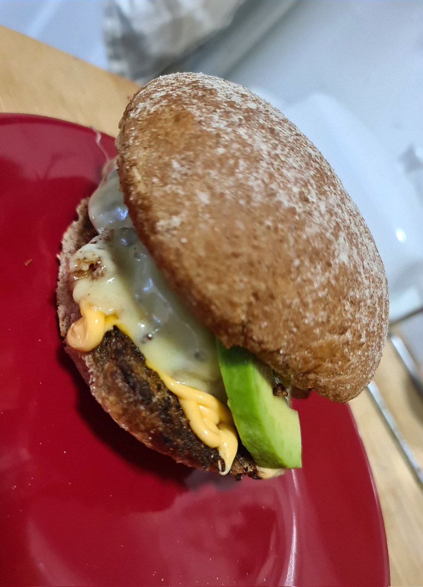 homemade smashed burger on a wholegrain bun with mozzarella, mature cheddar, spicy mayo & a lil bit of avocado