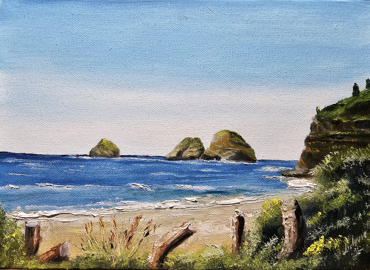 I painted a 5x7 oil on panel of The Three Arch Rocks. Oceanside, Oregon 
   #arches #roadtrip #nationalparks #travel #nature  #hiking  #nationalparkgeek #wanderlust #seascape #oilpainting #Oregon #coast #capemeares #threearchrocks