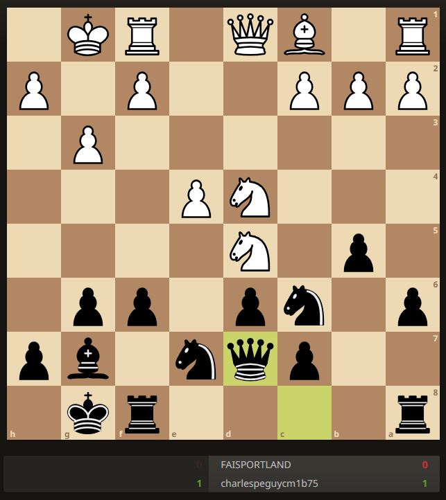 Bonjour <a href="/CM1B_Peguy/">Les CM1 B de Péguy📝</a>
Nous déplaçons notre dame de c8 à d7.  #Partie #QuotiChess <a href="/QuotiChess/">QuotiChess 🐘</a>