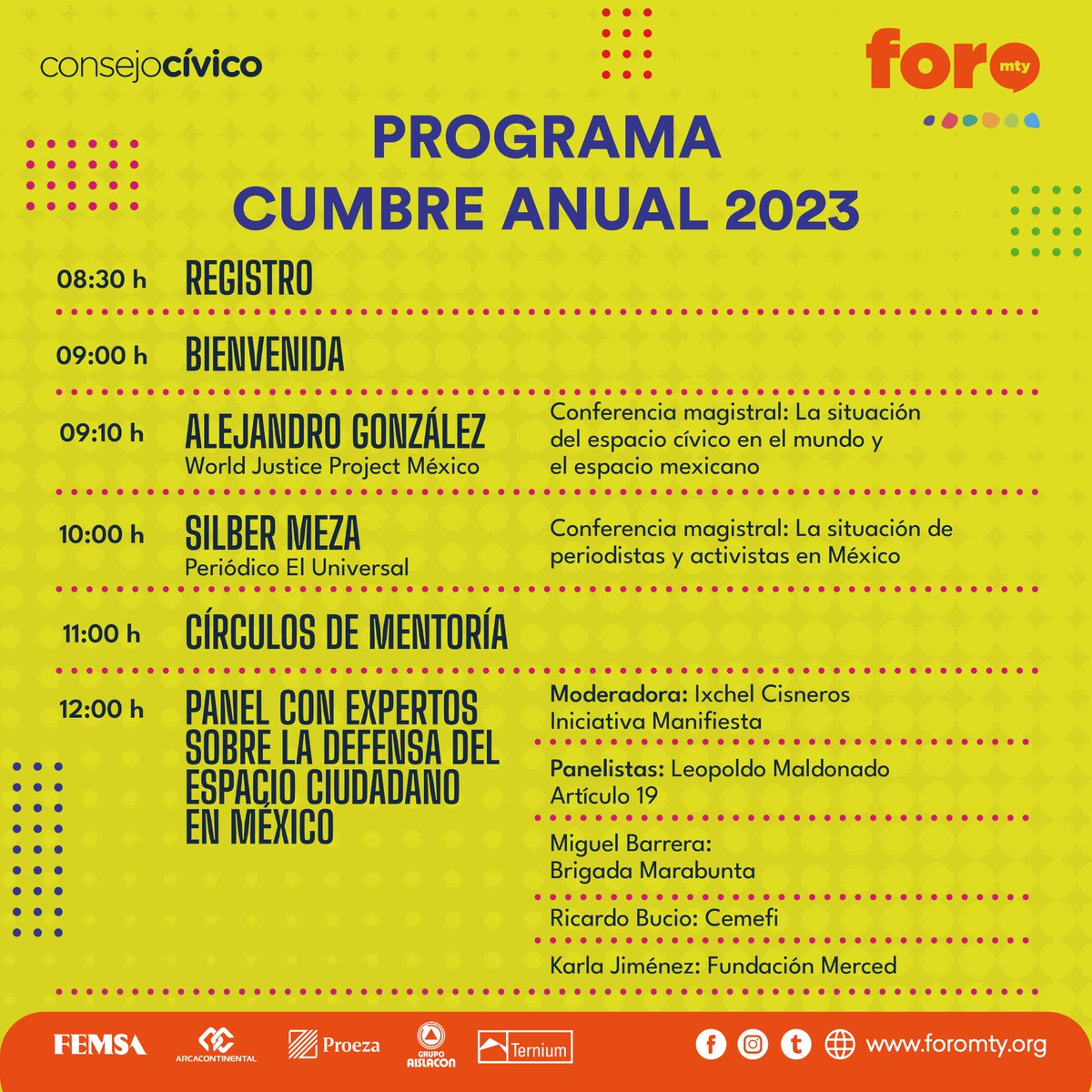 ¡Conoce todas las actividades del día! 🙋🏻‍♀️

CUMBRE ANUAL 2023 🙌🏻 

14 de junio 📆
Gran Salón de Pabellón M 📍
8:30 AM ⏰
Regístrate aquí bit.ly/ForoMty_Cumbre… Entrada libre ✅

<a href="/El_Universal_Mx/">El Universal</a> <a href="/thewjp/">World Justice Project</a> <a href="/FundMercedAC/">FundMercedAC</a> <a href="/Cemefi/">Centro Mexicano para la Filantropía</a> <a href="/BrigadaMarabunt/">Brigada Marabunta</a> @article19mex <a href="/Chelawuera/">Ixchel Cisneros Soltero</a>