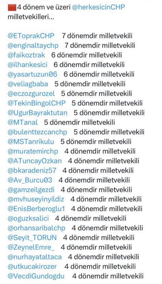 Aşağıdaki liste 4 dönem ve üzeri “Kadrolu” CHP Milletvekillerimiz…
Bu kadronun yüzde 90’ı sürekli “Kontenjandan” vekil,ön seçime girmezler. Zira girseler seçilemezler tıpkı kendisini her dönem vekil yapan,şimdi de Grup Başkanı görevine getiren Kemal Kılıçdaroğlu’nun istifasını