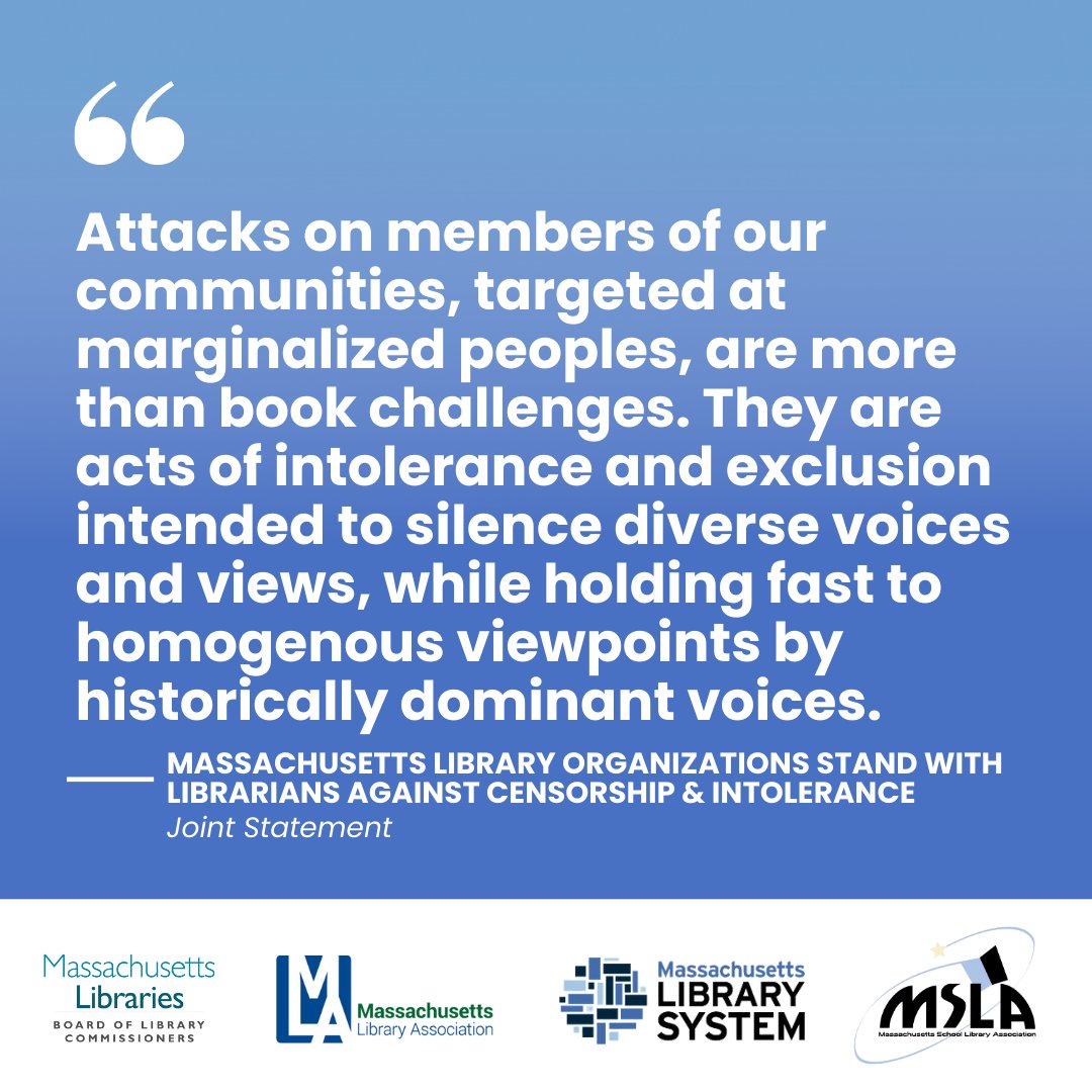 mblclibraries's tweet image. 📃The MBLC, @MassLibAssoc , @masslibsystem &amp;amp; MSLA released a joint statement against #censorship and intolerance. We support #librarystaff &amp;amp; free, equal and #openaccess to information. Read the statement and join us in supporting #MAlibraries: tinyurl.com/supporting-lib…  
#msla