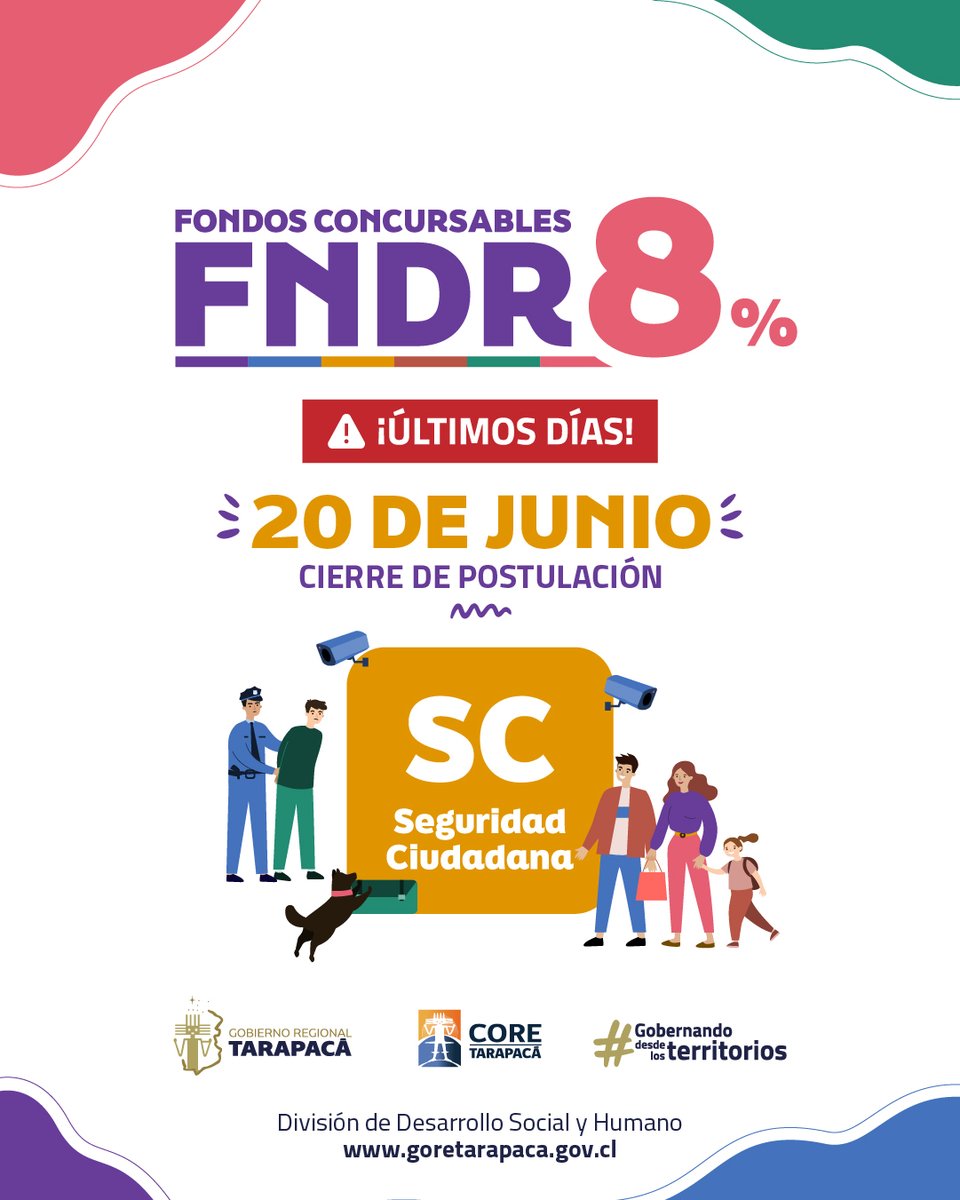 Gore_Tarapaca's tweet photo. ¡APÚRATE! ⏱️

📣¡Últimos días para postular al concurso 8% FNDR del Gobierno de #Tarapacá!📣

Fecha de cierre:

🎭 #Cultura 🥇 #Deporte 🤲 #Social 🌱 #MedioAmbiente: 𝗠𝗮𝗿𝘁𝗲𝘀 𝟭𝟯 𝗱𝗲 𝗷𝘂𝗻𝗶𝗼

🚨 #Seguridad 🧑‍🦳 #AdultoMayor: 𝗠𝗮𝗿𝘁𝗲𝘀 𝟮𝟬 𝗱𝗲 𝗷𝘂𝗻𝗶𝗼 https://t.co/Cs8TunGvZ2