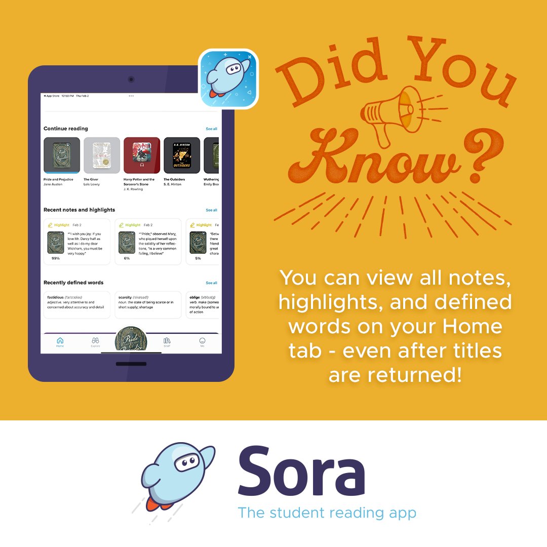 📚 #TipTuesday 📖📱 Discover a handy feature on the Sora Home tab that lets you view all your notes, highlights and defined words - even after you've returned the titles! 🗒✨ 
#SoraApp #ReadingMadeEasy