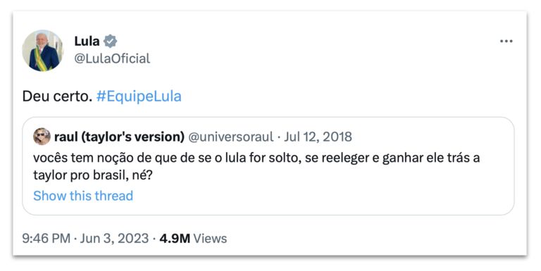 jnflesch's tweet photo. Lula se pronunciou sobre os shows da Taylor Swift no Brasil. https://t.co/oZ7UaOexR2