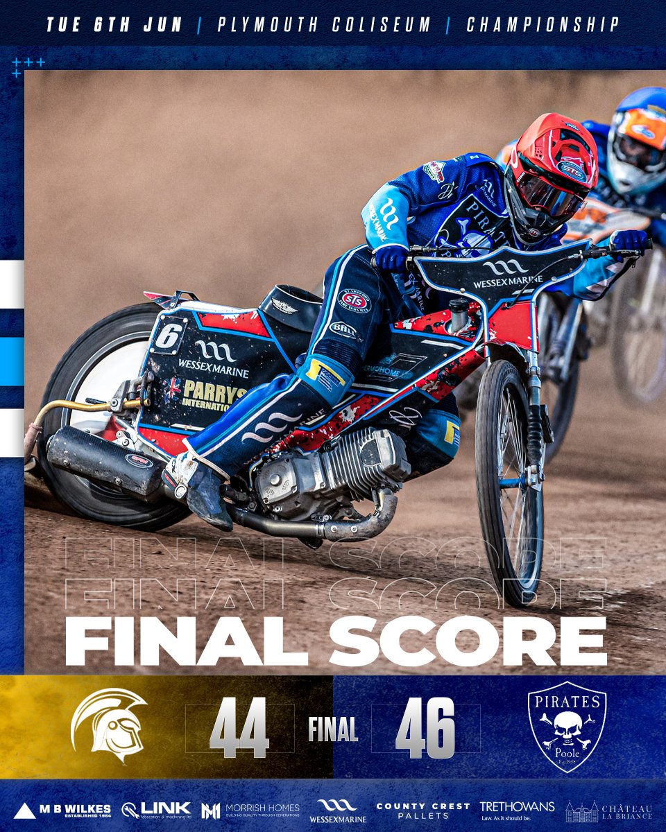 🏁 FINAL SCORE | PLYMOUTH 44 - 46 POOLE

🚀 Zach Cook wins a heat 15 decider to secure 2 league points for the Pirates!

🎟️ The Pirates are back at home TOMORROW for the return fixture! TICKETS on sale 👉 bit.ly/43zY8SM

#PiratePride #PoolePirates