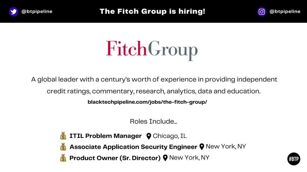 BTPipeline's tweet photo. Black Tech Pipeline X The Fitch Group 

@fitch_group is now hiring! Check out their open roles. 

Click here to learn more and apply 🔗:
https://t.co/J0CuAWkDp9

#BlackTechTwitter https://t.co/LA177JVDYu