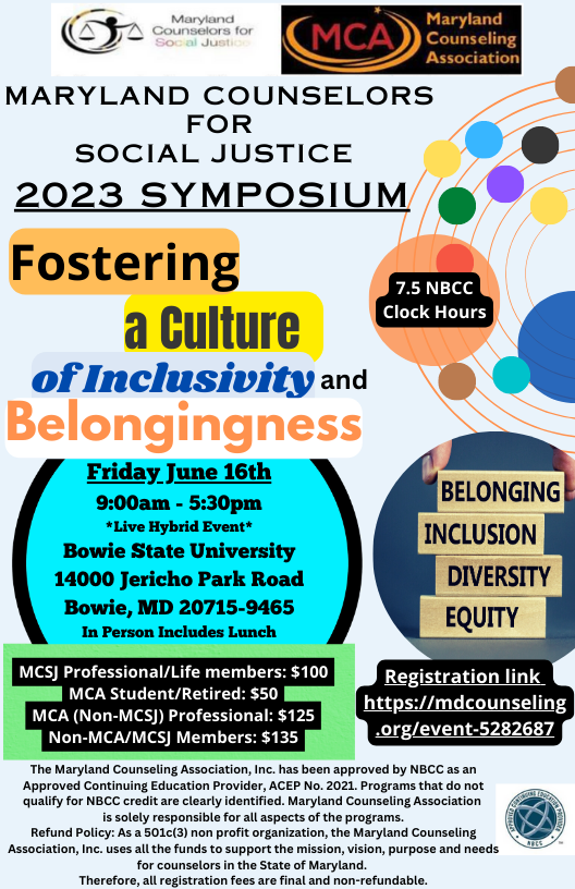 It's here!  Please join us live or via Zoom on Friday, July 16th for an amazing line up of presenters on 'Fostering a Culture of Inclusivity and Belongingness!' #Counselors #Diversity #Equity #Inclusion #Belonging @CounselingViews @CSJNational @BowieState