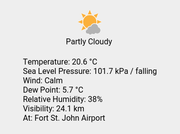 Thu 17:00: Partly Cloudy; Temp 20.6 C; Humidity 38%; Press 101.7 kPa / falling.