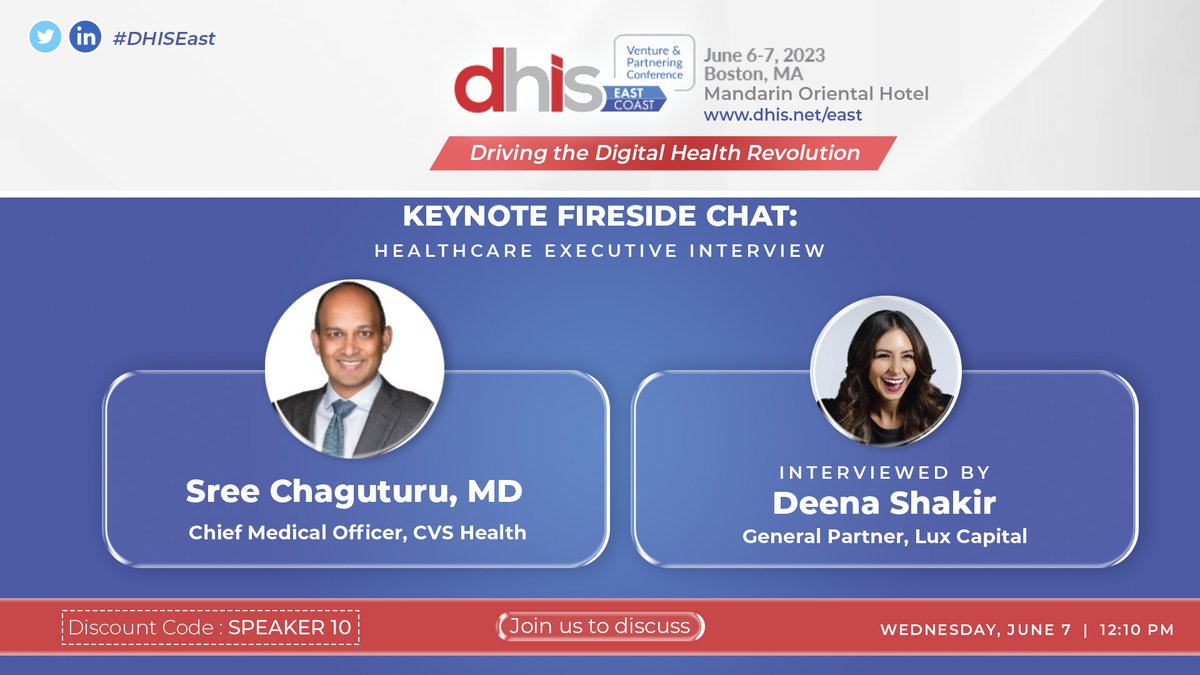 Lux_Capital's tweet photo. Our @deenashakir is interviewing @chaguturu at #DHISEast this June 6-7 in Boston to discuss @CVSHealth's move into care delivery, its pharmacy business & how to improve population health. Register for the conference here: https://t.co/veDM6NpZ3E https://t.co/uZbKqrSXoM