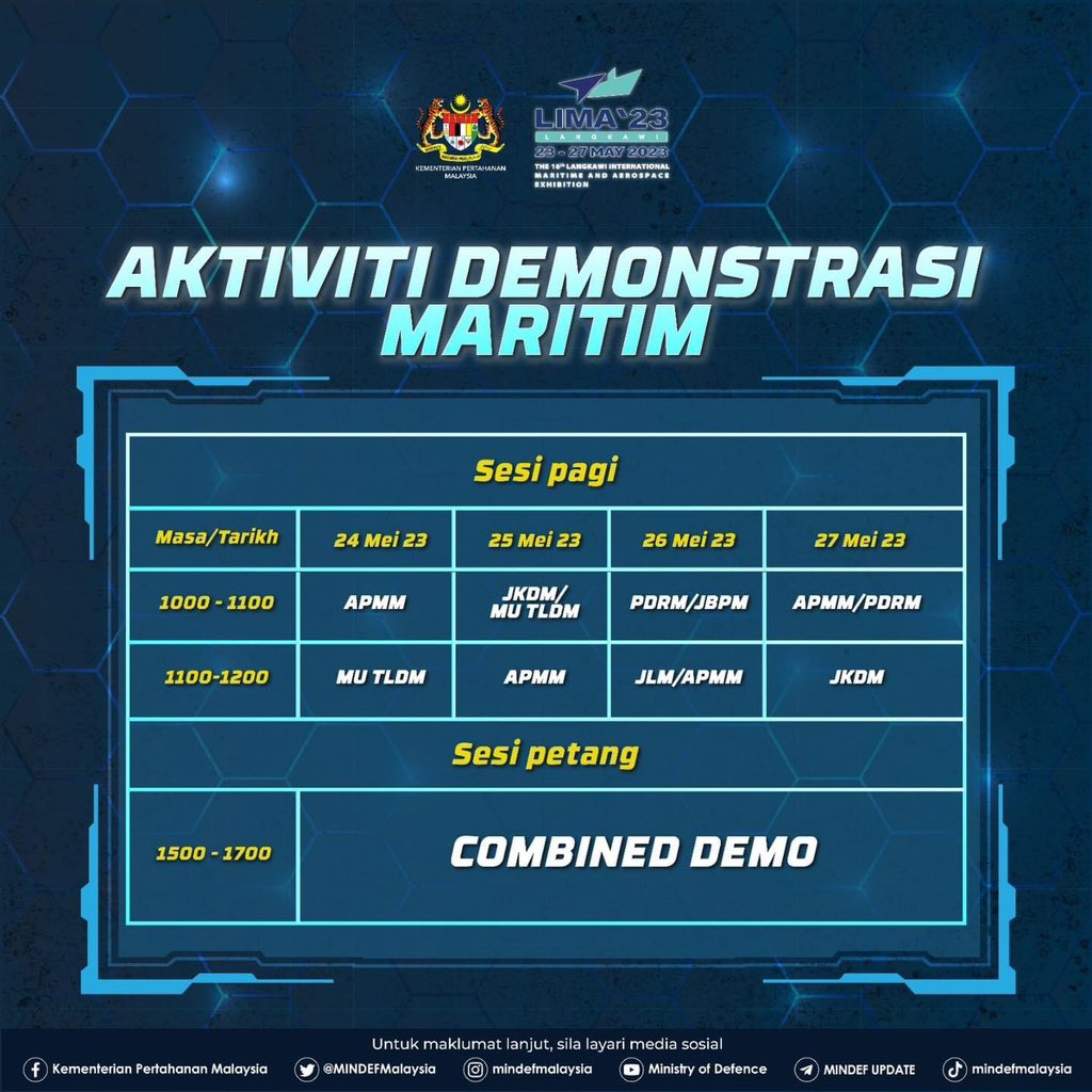 Jangan ketinggalan untuk mengikuti pertunjukan segmen maritim di Resorts World Langkawi!

Bawa keluarga anda untuk menyaksikan persembahan yang menakjubkan!

Masuk adalah PERCUMA!

#MindefMalaysia
#MindefUpdate
#LIMA2023
#LetsGoLIMA23
#JomMeriahLIMA2023
#FuyohLIMA2023
