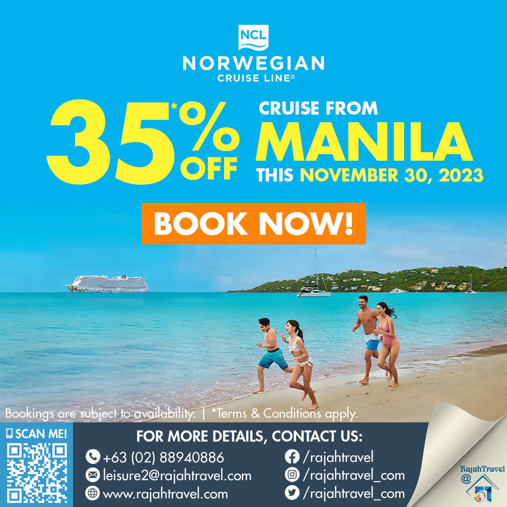 Set sail from Manila and discover new horizons 🛳☀ #NCL

🛳35% Off Cruises*
👉bit.ly/RTC-NCL-35OFF

Travel insurance with COVID-19 coverage
👉bit.ly/rtc_travelinsu…

#BreakFreeMoment #BuyOneGetOne
#CruiseNorwegian #OceanCruise #Travel
#RajahTravel #KAbyahe