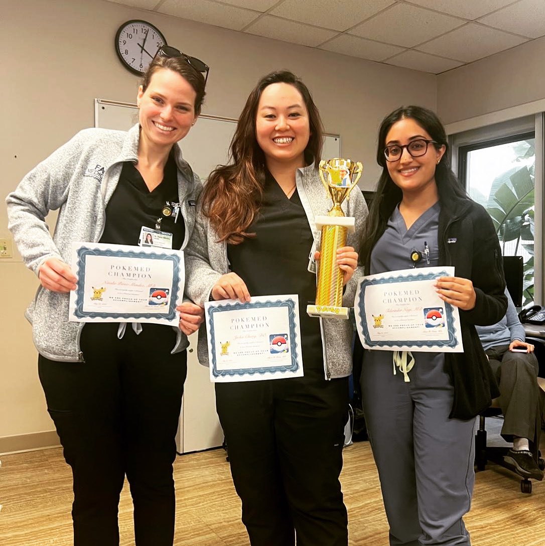 Woohoo! 🎉 Congrats to @tanunagimd @natpmfl @Jc7531 for conquering the Pokemed “doctoring gym” and winning the inaugural Pokemed competition! #gottacureemall #gamification #internalmedicine #residency #GME #traininginparadise