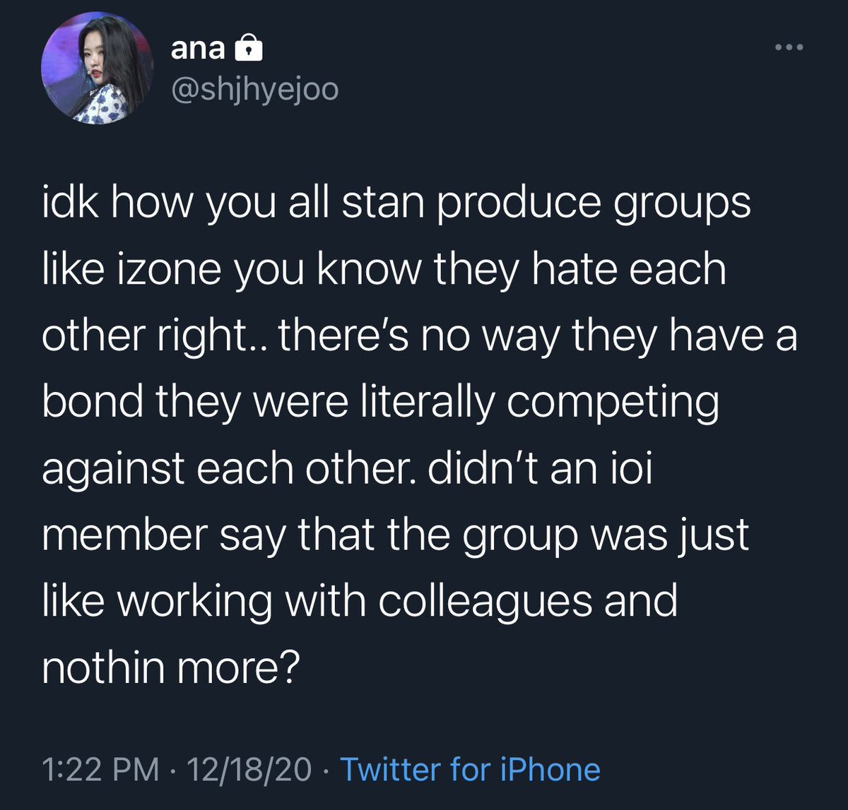 all this coworker and fake chemistry talk had me thinking about this tweet. ioi still hanging out together 7 years later. izone members all currently busy being successful but they still have an active gc, and some members meet up whenever they can