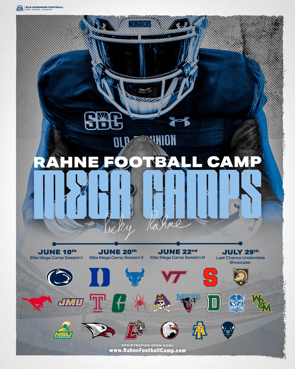 🚨ODU MEGA CAMPS 2023🚨

Guest coaches from college staffs being added daily! More 👀 for your 💵 this summer 🧠‼️

Come EARN IT - sign up today‼️

🔗: rahnefootballcamp.com

#PlayByTheBay
#ReignOn
🔵👑🦁