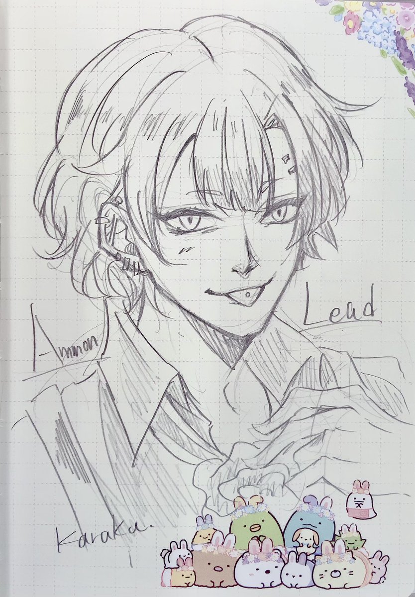 #最近フォローした人は知らない過去絵を晒す  aknkはこの辺……。 別の仕事就いてた時の休憩に描いてた産物たち。🍽🗡🥀は初描き。 すみっコちゃんのメモ用紙に描いてたのでどう足掻いても雰囲気がほんわかする。