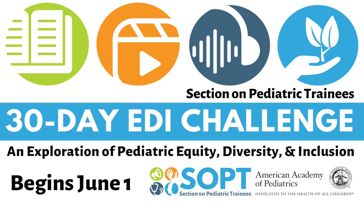 AAP Peds Trainees (@aapsopt) on Twitter photo Join the <a href="/AAPSOPT/">AAP Peds Trainees</a> EDI Workgroup in our #pedsEDIchallenge, beginning June 1! This pediatrics-focused 30-day program offers daily curated content you can 📖Read, 📺Watch, 🎧Listen, & 🫴🏽Engage with to grow as a pediatric physician.
Learn more at bit.ly/pedsEDIchallen… #PedsPerks Join the <a href="/AAPSOPT/">AAP Peds Trainees</a> EDI Workgroup in our #pedsEDIchallenge, beginning June 1! This pediatrics-focused 30-day program offers daily curated content you can 📖Read, 📺Watch, 🎧Listen, & 🫴🏽Engage with to grow as a pediatric physician.
Learn more at bit.ly/pedsEDIchallen… #PedsPerks