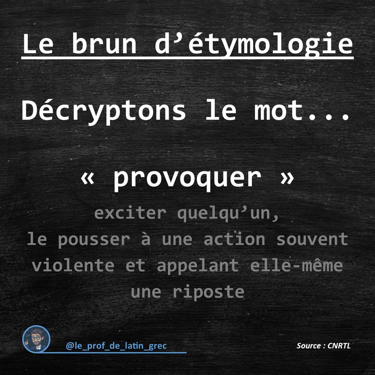 prof_latingrec's tweet photo. #LeBrunDEtymologie Aujourd'hui, intéressons-nous au mot #provoquer et à son étymologie latine.
#etymologie #latin #grec #lexique #histoiredesmots
👉 https://t.co/SKeJOR2mP1 https://t.co/zEuT06dyoh