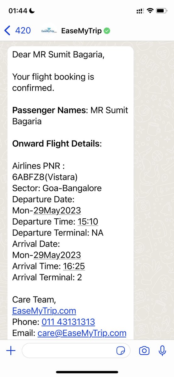 SumitBagaria8's tweet photo. @airvistara @EaseMyTrip After confirming the ticket booking and PNR  (from Vistara). I get a call at 1.04  am from Easemytrip that the fare has changed. How was there a PNR? I am a Titanium on Vistara. If this is the way Vistara is headed, and then with Air India!!! https://t.co/ptPQIG7IK0