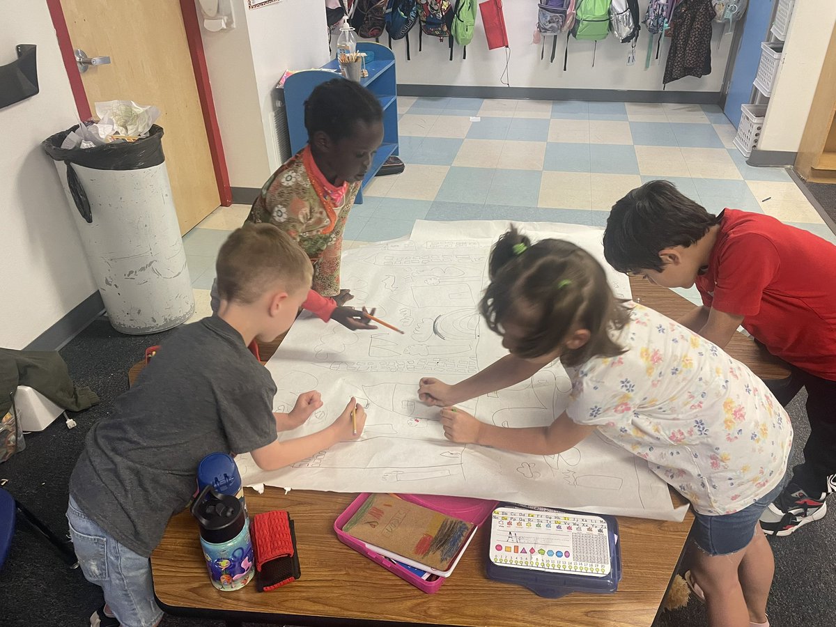 CouriersCorner's tweet photo. In Kindergarten today I gave my students a big piece of paper to just draw on. They worked together to make a neighborhood, the shopping center, and the zoo. It amazes me how much they have grown this year. @Crestview_NKC #CrestviewWeBelong https://t.co/FdQREgVvlg
