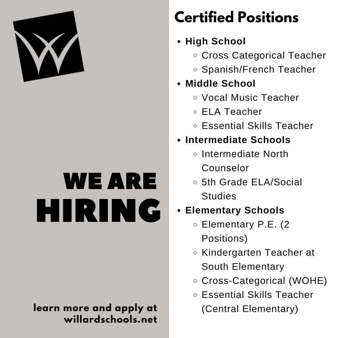 Hoping to join the Willard team? Now is your chance! We have several openings across our buildings. Learn more and apply today! applitrack.com/wico/onlineapp…