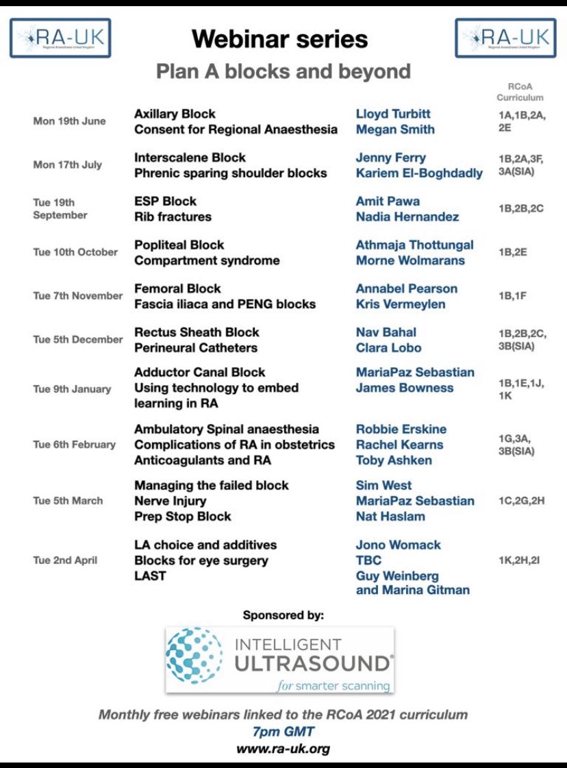 Toby (@numboblivion) on Twitter photo 💥 Registrations for <a href="/RegionalAnaesUK/">RA-UK</a> TEN FREE webinars now open!
🚨 First webinar 19:00, 19th June, <a href="/ajrmacfarlane/">Alan Macfarlane</a> chairing, Plan A author <a href="/LloydTurbitt/">Lloyd Turbitt</a> on Axillary Block, Barrister/Anaesthetist <a href="/megs1970/">Dr Megan Smith</a> on consent for RA.
➡️ ra-uk-webinars.talkingslideshd.com/home 💥 Registrations for <a href="/RegionalAnaesUK/">RA-UK</a> TEN FREE webinars now open!
🚨 First webinar 19:00, 19th June, <a href="/ajrmacfarlane/">Alan Macfarlane</a> chairing, Plan A author <a href="/LloydTurbitt/">Lloyd Turbitt</a> on Axillary Block, Barrister/Anaesthetist <a href="/megs1970/">Dr Megan Smith</a> on consent for RA.
➡️ ra-uk-webinars.talkingslideshd.com/home