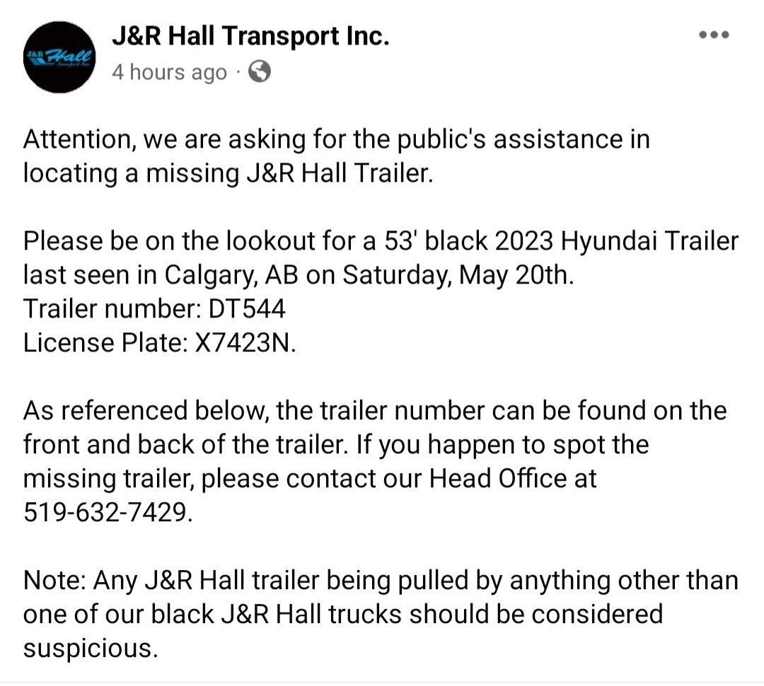 WTFC7's tweet photo. Please be on the lookout for a 53' black 2023 Hyundai Trailer last seen in Calgary, AB on Saturday, May 20th. 
Trailer number: DT544  License Plate: X7423N. If you happen to spot the missing trailer, please contact our Head Office at 519-632-7429. 
#Calgary #Alberta #Missing https://t.co/IYKj2wjyda