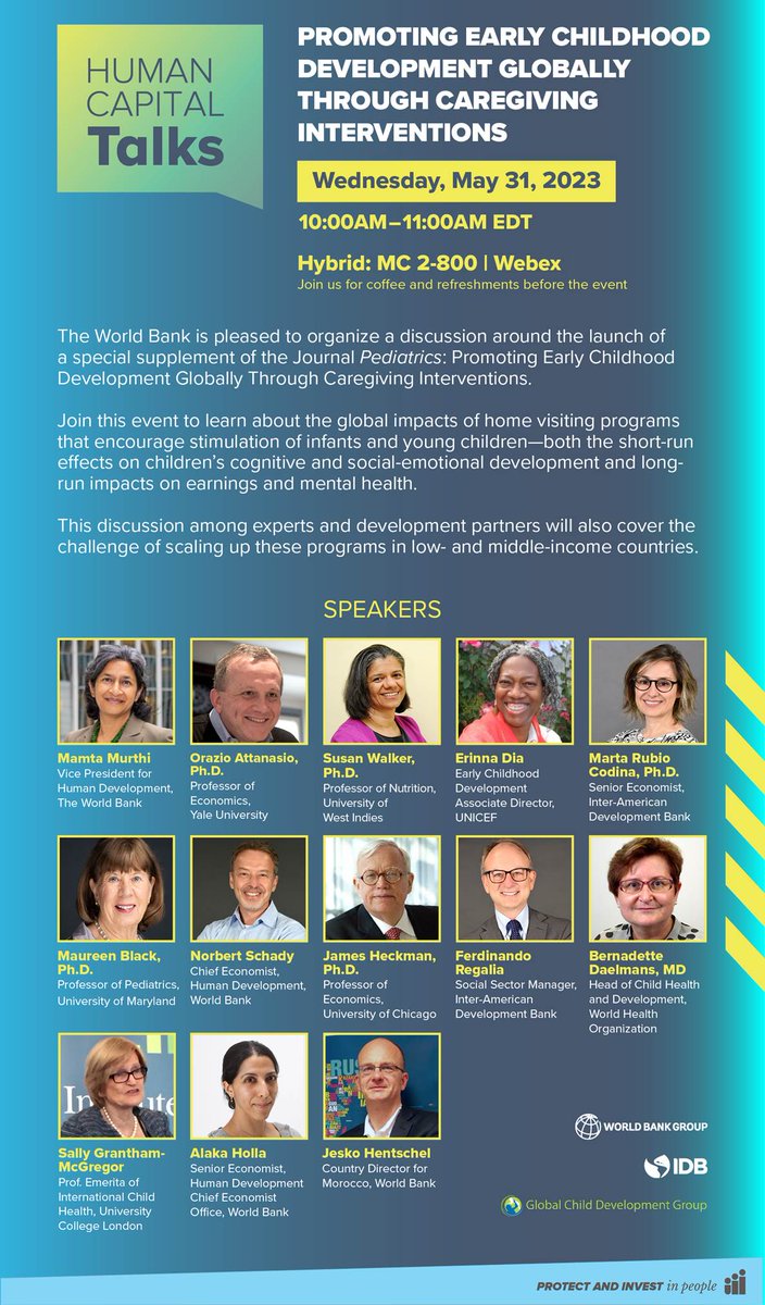 🌍 Join us for an insightful discussion on promoting early childhood development globally!

The @WorldBank & @the_IDB event is around the launch of a special supplement of @JPediatr. 

📣SAVE THE DATE!
📆May 31 | 10 am EDT

Register here: wrld.bg/kgvv50Ov1W3