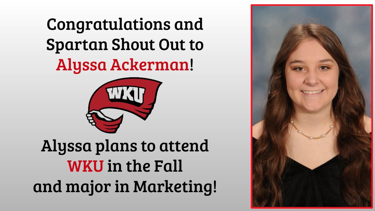 Congrats to another Spartan headed to the Hill this Fall - Alyssa Ackerman!  She will be an asset to the Gordon Ford College of Business!
<a href="/SouthWarrenHigh/">Jenny Hester</a> 
<a href="/SWHSGuidance/">SWHS Guidance</a> 
<a href="/WKUGordonFord/">WKU Gordon Ford</a> 
<a href="/wku/">Western Kentucky University</a>