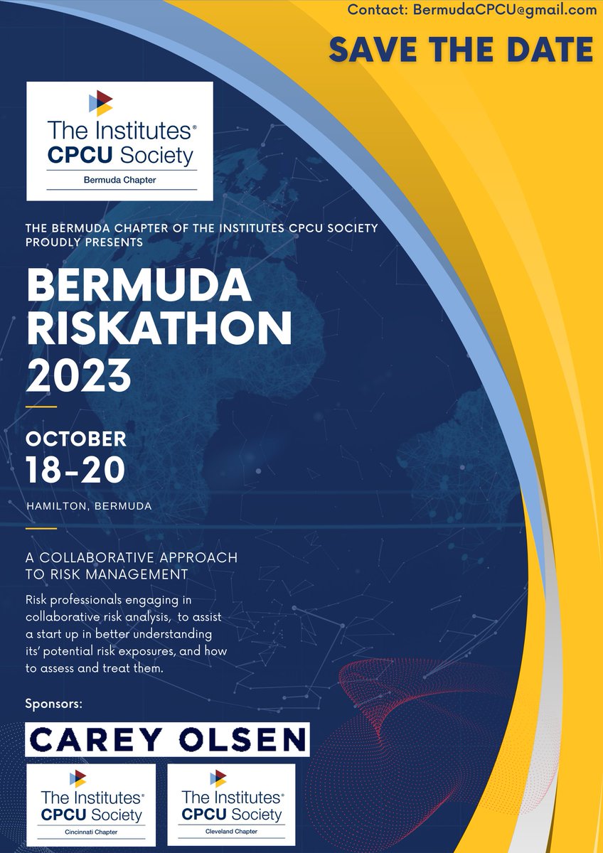 Join me in #Bermuda 18-20 Oct for the 2023 Bermuda Riskathon hosted by the <a href="/BermudaCPCU/">Bermuda CPCU Society Chapter</a> ! This event brings #riskmanagement professionals and startups together to ID their unique risks. Very fun, engaging, interesting format! Plus, Bermuda! 
#abileads #cpcu #insurtech #insurance