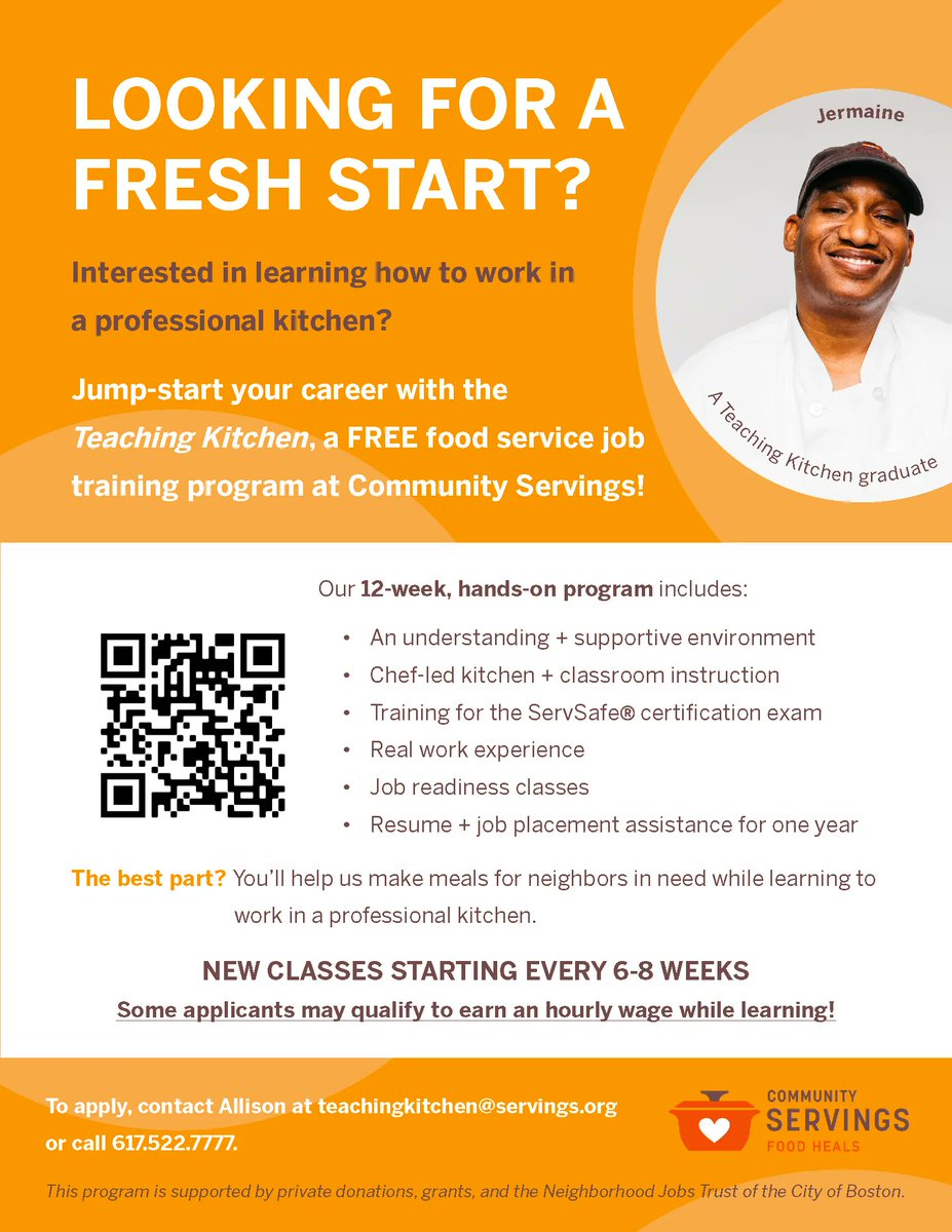 Interested in learning how to work in a professional kitchen? <a href="/communityserv/">Community Servings</a> is offering "The Teaching Kitchen," - a free 12-week culinary training program for people who are serious about becoming employed in a professional kitchen. Learn more: buff.ly/428IOvt