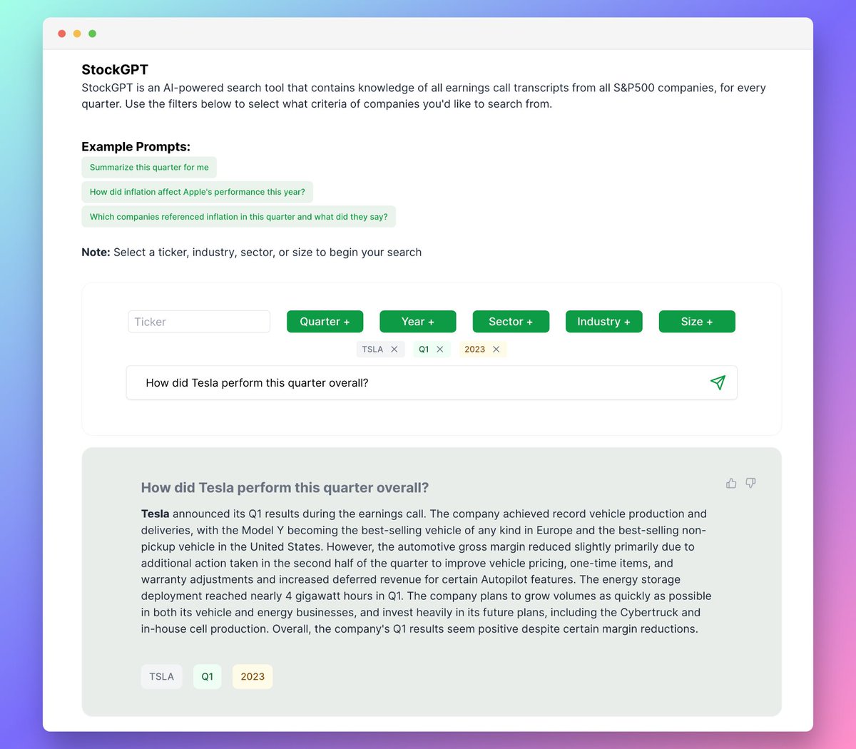 AlecCorum's tweet photo. Introducing @StockGPT - your AI powered financial research assistant 🤖 https://t.co/mhzlmtcwcA

StockGPT is an AI-powered search tool that contains knowledge of all earnings call transcripts from SP500 companies for every quarter/year.

Keep reading to see what it can do 👇 https://t.co/3LEnqEOCM9