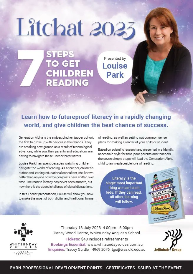 Have you got your ticket for '7 steps to get children reading', presented by Louise Park at the 'Whitsunday Voices Youth Literature Festival'? 
Lucky you 😉 
Full program available at:  whitsundayvoices.com.au 
@louiseparkbooks  #Litchat #whitsundayvoices