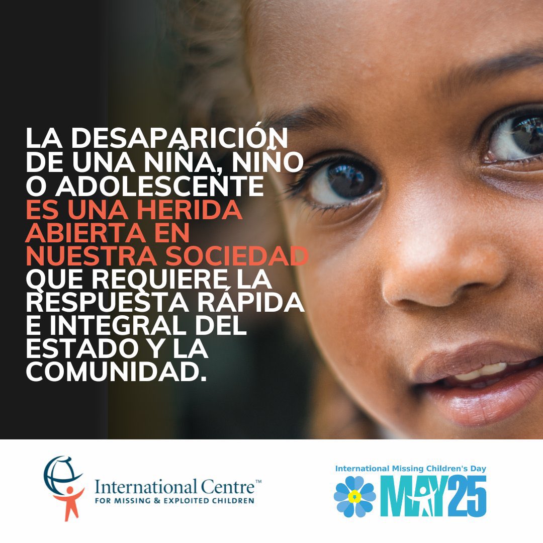 andrea_icmec's tweet photo. El 25 de mayo se conmemora el Día Internacional contra los niños desaparecidos. Desde @ICMEC_official nos unimos a los esfuerzos locales e internacionales para hacer del mundo un lugar más seguro para nuestras niñas, niños y adolescentes.
#Missingbutneverforgotten https://t.co/evDiI44Dyn