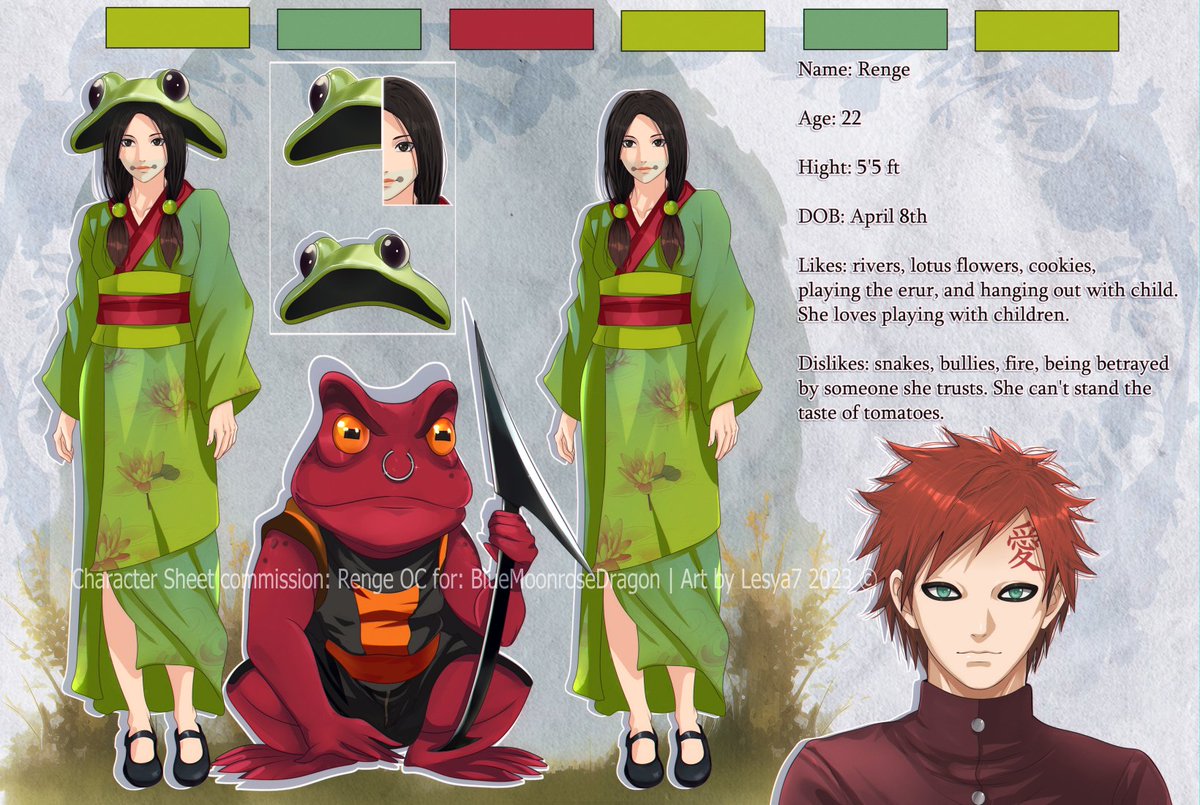 LesyaRei's tweet photo. Character Sheet commission: Renge OC

#artbylesyarei #lesya7 #myart #commissioned
#commissioninfo #comics #digital #drawings #gaara #scarletviolet #anime #digitalart #kunoichi #shinobi #commission #naruto #borito #oc #froggirl #frog #originalcharacter #commission #design https://t.co/l1IYHJepKl