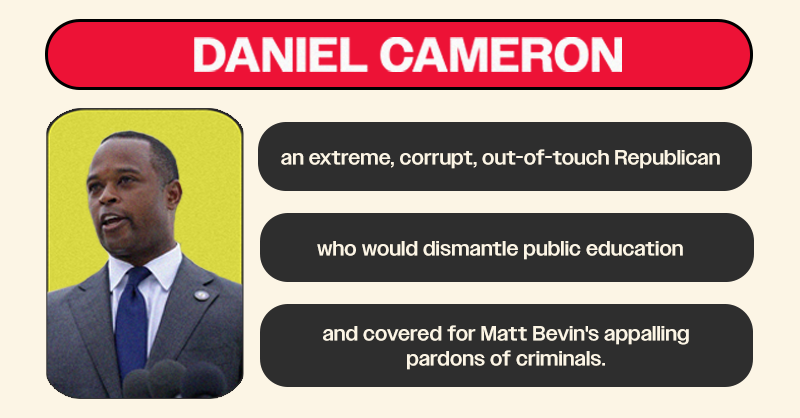 DemGovs's tweet image. Who exactly is Gov. @AndyBeshearKY's #KYGov opponent, Daniel Cameron?

This about sums it up.