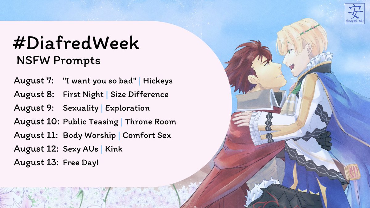 DiafredWeek's tweet photo. Announcing our prompt list + rules for #DiafredWeek! You can also find this on our Carrd: https://t.co/Q7XTfP1XuM
Thank you to @viilocitee for letting me use your beautiful piece for some of the promo material!
#Diafred #Dialfred #FireEmblemEngage https://t.co/FEh5GpA5lN